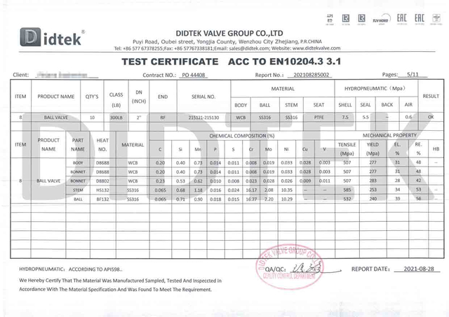 Sertifikat Tes Ball Valve ACC ke EN10204.3 3