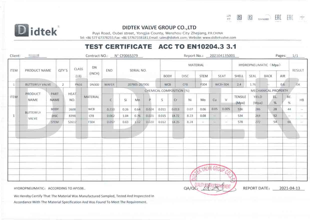 Sertifikat Uji Katup Kupu -kupu ACC ke EN10204.3 3