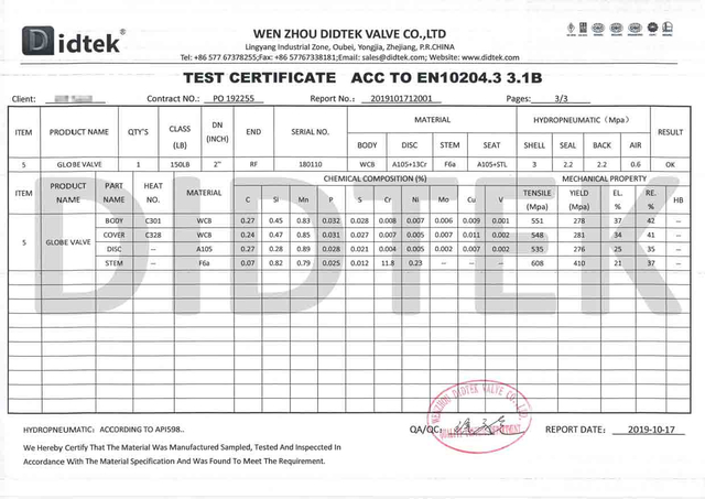 Sertifikat Tes Katup Globe ACC ke EN10204.3 3