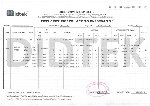 Sertifikat Tes Katup Gerbang ACC ke EN10204.3 3